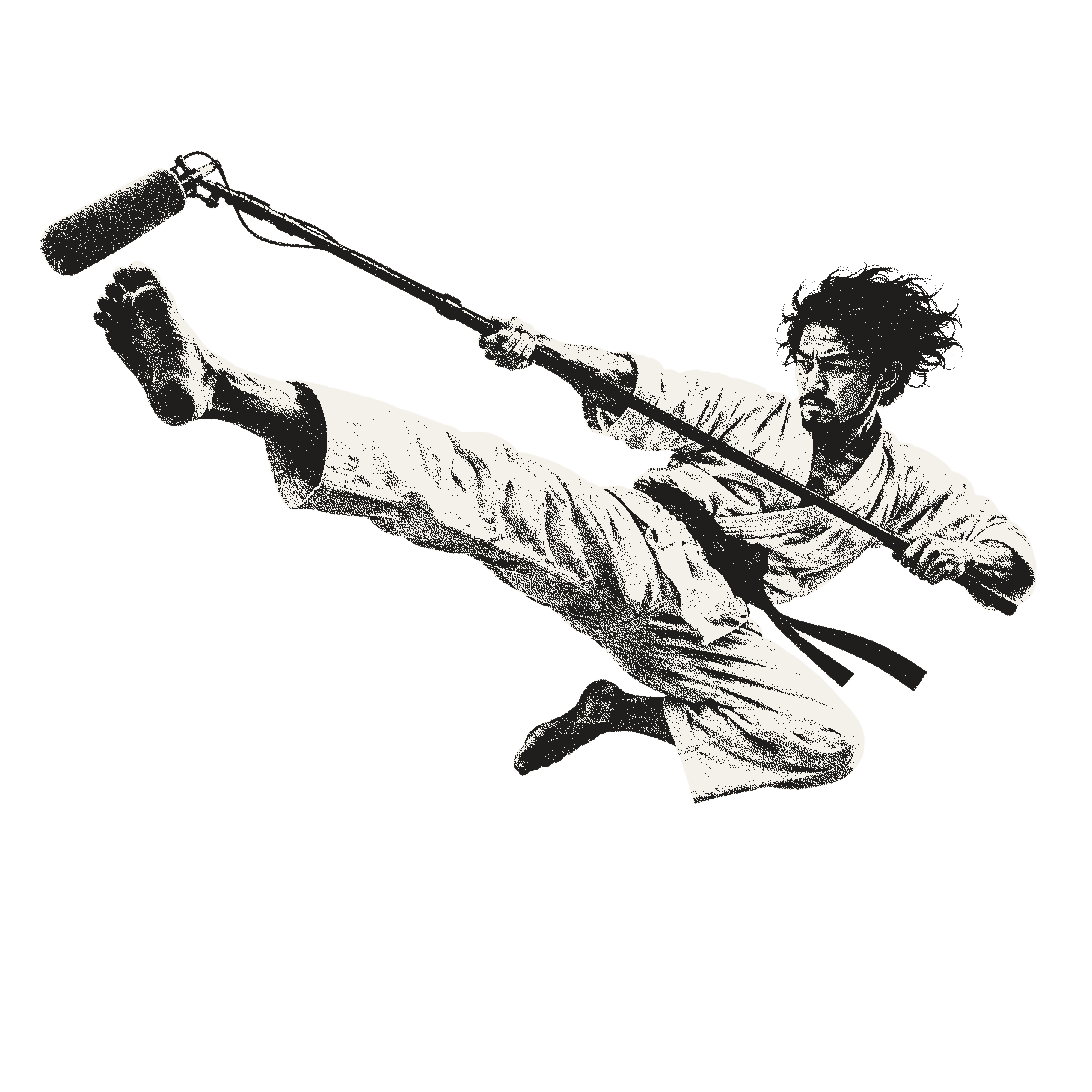 Halftone illustration of a martial artist mid flying kick, swinging a boom microphone